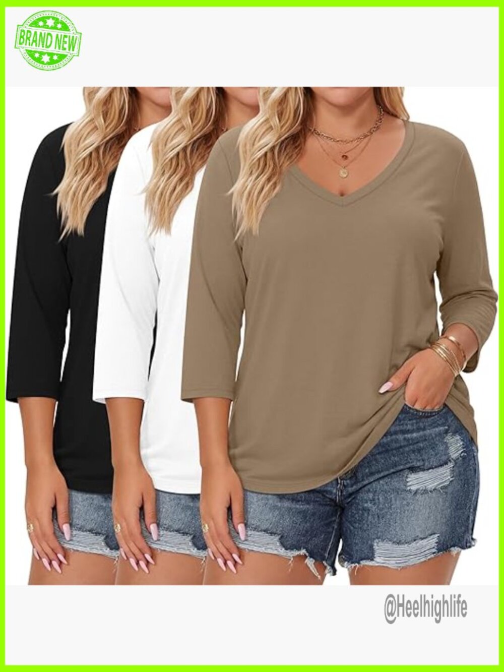3 Pack Plus Size Cotton 3/4 Sleeve V Neck Tops Loose Fit Casual Tees
